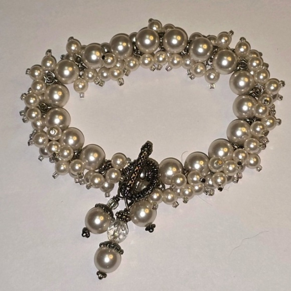 Treska Faux Pearl Cluster Choker Silver Toggle Clasp Bracelet Cream Beads